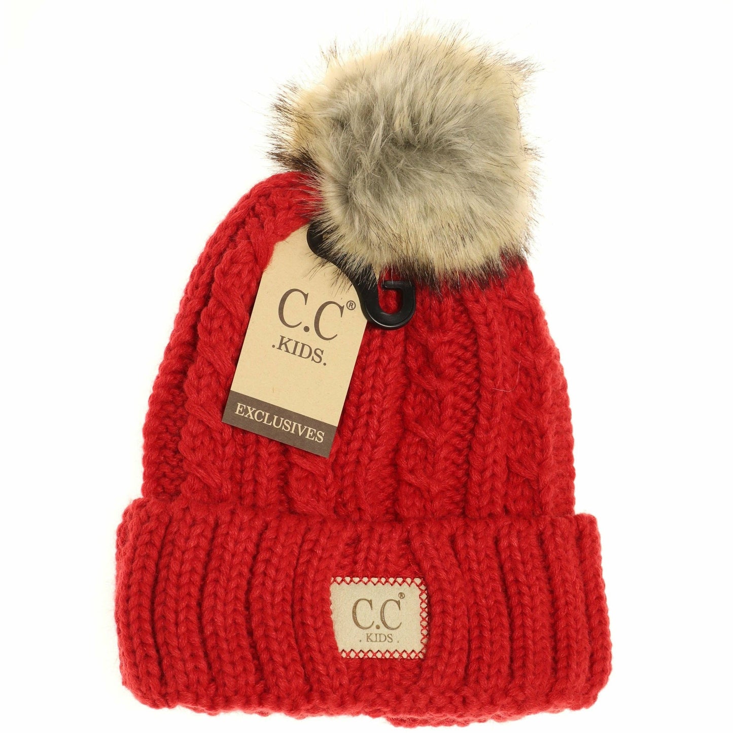 Kids Cable Ribbed Faux Fur Pom Beanie