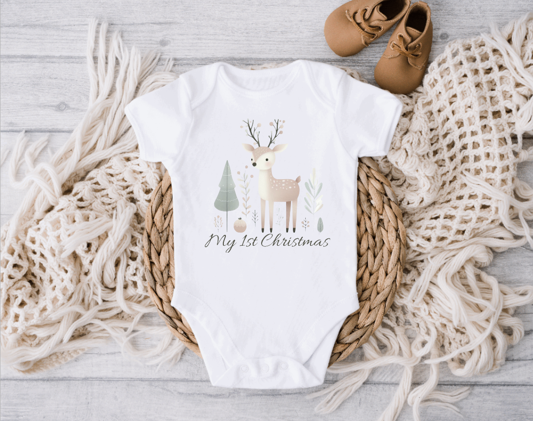 My First Christmas Baby Onesie, Reindeer and Trees Bodysuit