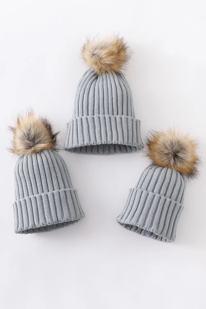 Blue-gray Knit Pompom Beanie