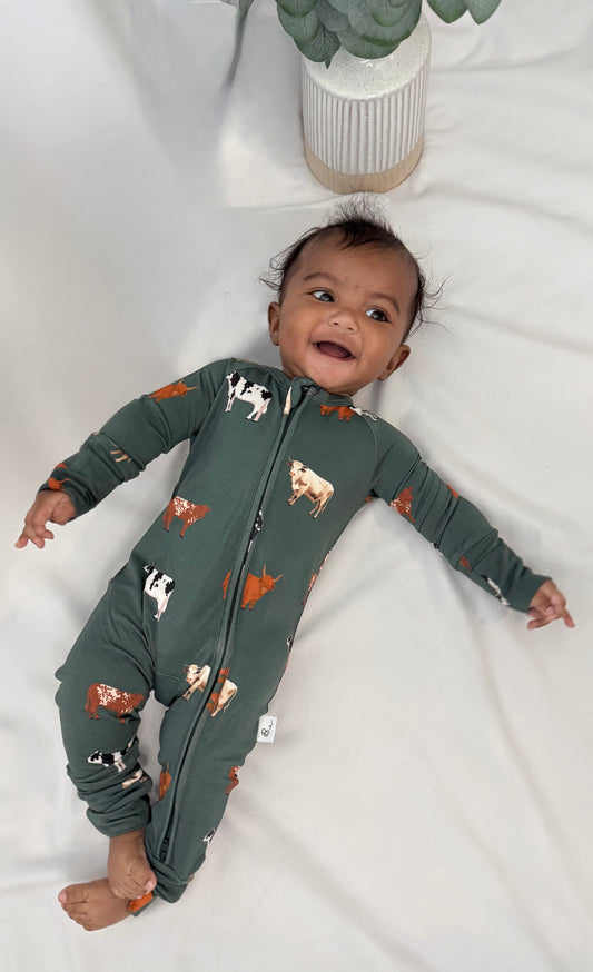 Dark Green Cow Print Baby Boy Sleeper