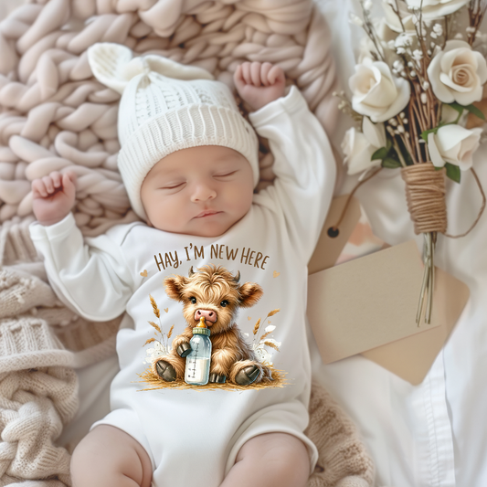 Hay I'm New Here Cow Baby Bodysuit