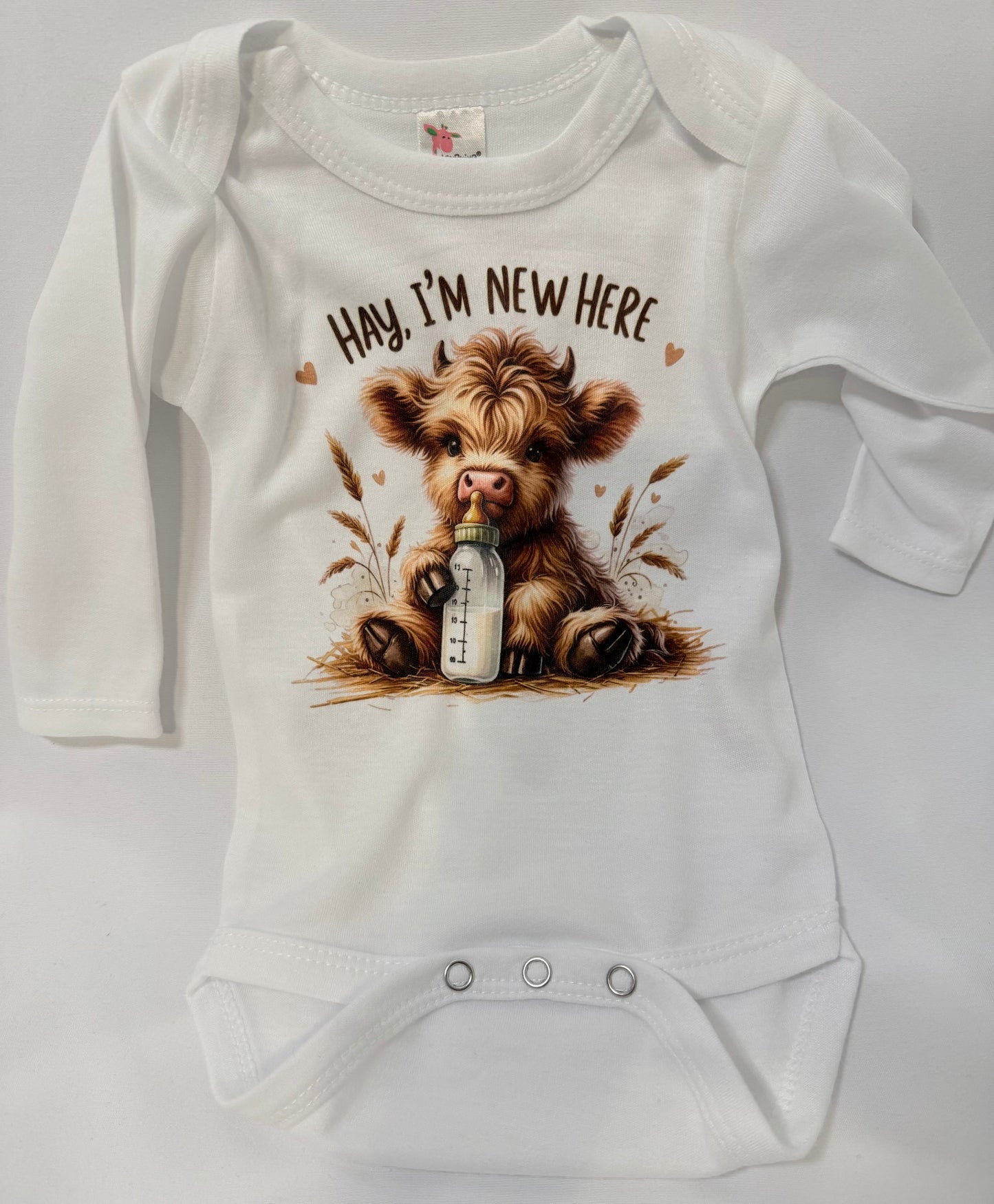 Hay I'm New Here Cow Baby Bodysuit