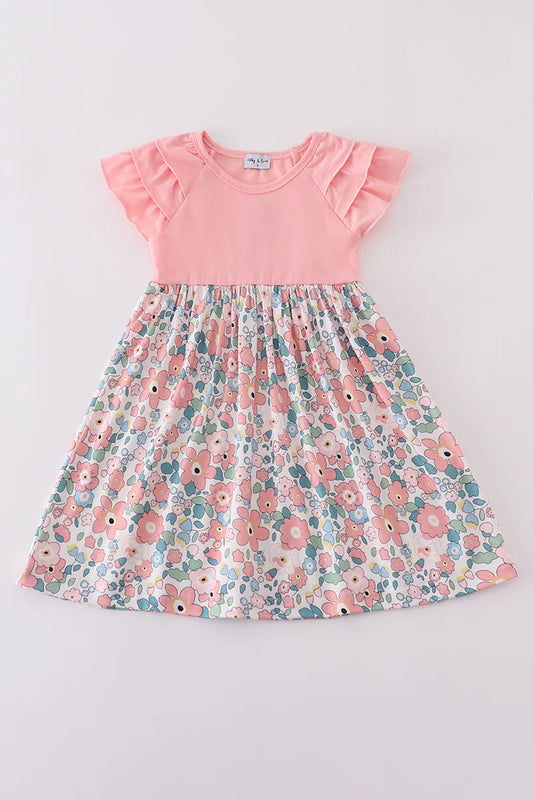 Pink Floral Print Ruffle Dress