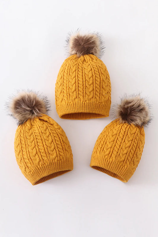 Mustard Cable Knit Pompom Beanie