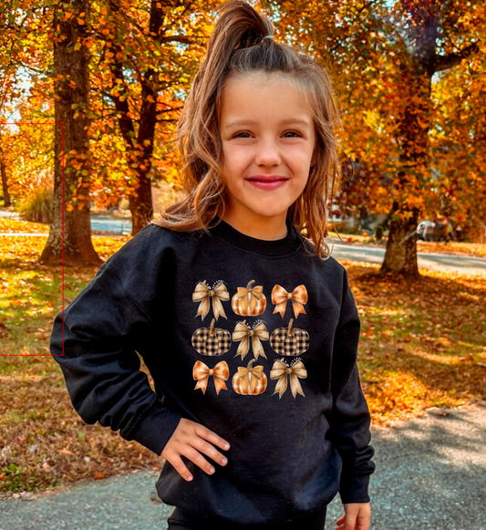 Youth Girls Fall Plaid Pumpkins & Bows Sweatshirt