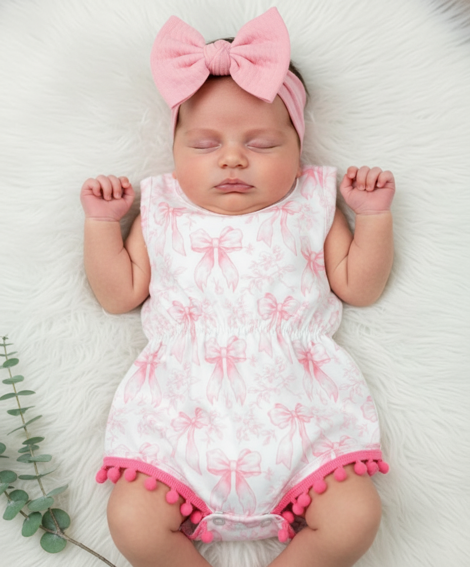 Baby Girls Pink Bow Pom Romper